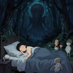 my bed in the night dark room is a forest with a giant cthulhu in the dark by anna nikonova aka newmilky, greg rutkowski, yoji shinkawa, yoshitaka amano, tsutomu niehi, moebius, donato giancola, trending on artstation, featured on pixiv, cinematic composition