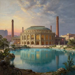a beautiful very detailed painting of orpheum building city industrial architecture by canaletto, nature thermal vision retrowave cgsociety at dawn at dusk fisheye lake at night uranus tron, archdaily, wallpaper, highly detailed, trending on artstation.