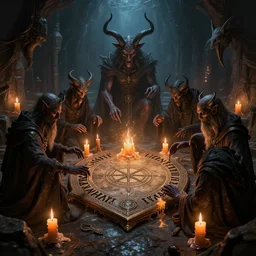 ancient demon necromancers using ouija board surrounded with melting candles in tomb, pentagram, baphomet, dark fantasy, scifi, volumetric lights, intricate, intense detail, digital painting, artstation, concept art, smooth, soft shading, cinematic, hyperealistic, illustration, style of h. r. giger, 3 d 4 k
