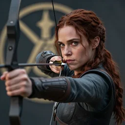 katniss everdeen shooting arrows from her bow, highly detailed, cinematic shot, cinematic lighting, 8 k, exquisit facial detail, mockingjay symbol in the background,