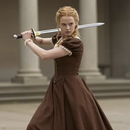 miranda otto in a brown dress holding a sword, a character portrait by sigurd swane, cgsociety, antipodeans, movie still, character, dynamic pose