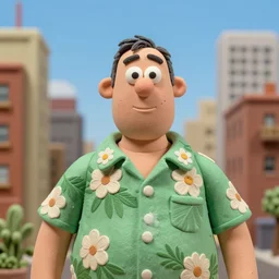 a volatile pugalier wearing a hawaiian shirt, living in the city, disney character, cartoonish, claymation, photo by wes anderson
