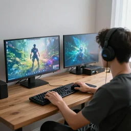 a person playing video games in their apartment in the year 2 0 5 0