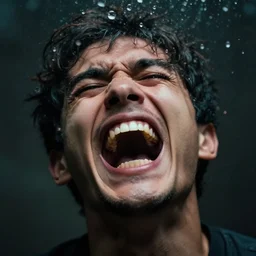 “ the face of a man screaming in agony reflected through a drop of water, dramatic lighting, incredible quality, bokeh ”