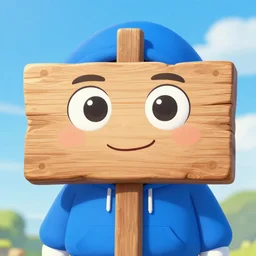 an anthropromorphic wooden sign in a blue hoodie in an anime style