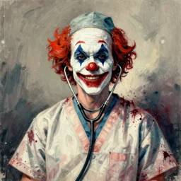 a drawing of a clown with a stethoscope and wearing bloodied surgical scrubs, a character portrait by david firth, trending on deviantart, neoplasticism, freakshow, macabre