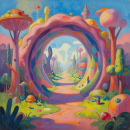 surreal painting of a dimensional gateway leading into a vibrant 3d surreal environment by ferjo