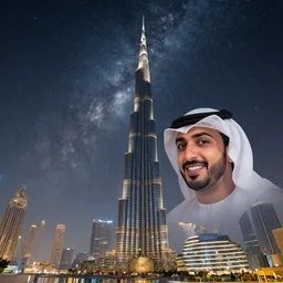 photorealistic rendering of dubai landscape with the close milky way above burj khalifa with the face of mohamad bin rachid happy look at dubai from far with high details, deep space