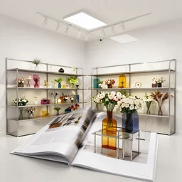 flower retail store, minimal, stainless steel and color glass, frame magazine, archidaily, contemporary art and sculpture for flower, octane rendering