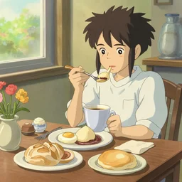 delicious breakfast, digital art, illustrations, by makoto shinkai and studio ghibli