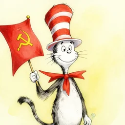 the cat in the hat holding a ussr flag, hammer and sickle, detailed, watercolor, in the style of dr. seuss, dr. seuss