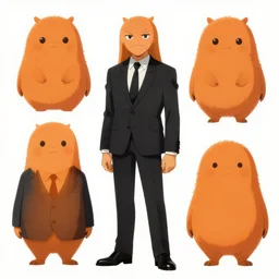 yoji shinakawa character design sheet, anthromorphic orange wearing a black suit