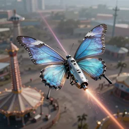 promotional still, high angle, a ( robotic butterfly ) ( metal aerodynamic wings ) ( spaceship ), slightly glowy, flying over desolate amusement park, firing lasers, ultrarealistic, bokeh, detailed, hq 8 k 4 k, dramatic lighting, intense, in styles of mccall whelan harris hardy.