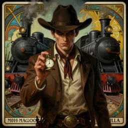 a beautiful dramatic moody symmetrical painting of a suspicious villainous handsome cowboy holding a pocketwatch | his shirt is unbuttoned | background is the front of a steam train locomotive | tarot card, art deco, art nouveau, steampunk | by Mark Maggiori (((and Alphonse Mucha))) | trending on artstation