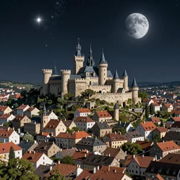 a beautiful sprawling medieval european town built on the moon. many very bright stars and galaxies are in the background. concept art by victor mosquera and petros afshar, kurzgesagt style. detailed colourful 2 d cartoon, luminescent, space art, cosmic horror. sense of awe, behance contest winner.