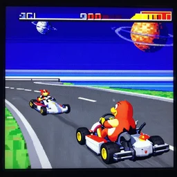 screenshot of a ps1 third person game kart fat penguin trying to pass another animal kart racers, ps1 emulation, high fidelity, tv filter, low quality light, PS1 Aesthetic, sharpen filter, far camera, bayer dithering, sky filled with planets and ships