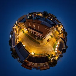 spherical panorama photo of country american small town street night bright sky 5 0 mm