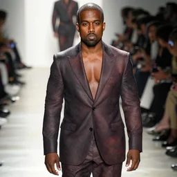 kanye west wearing a suit made of skin, runway photo