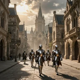 capital city of a fantasy kingdom with a few knights in armor marching down the empty street, by Greg Rutkowski