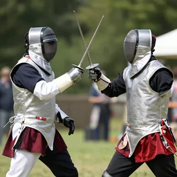 2 medieval knights wearing sunglasses jousting using keytars as weapons, photograph