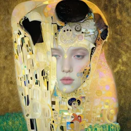 a beautiful girl's face made of ivory and gold filigree, film still by edward hopper, by Bosch, by klimt, art noveau, highly detailed, strong lights, liminal, eerie, Bright pastel colors