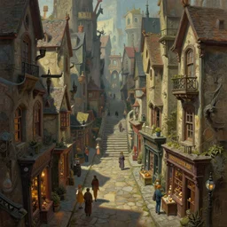 a busy street within a fascinating old fantasy city, geometrically accurate, quirky shops, narrow streets, old buildings, old stone steps, street life, by Sylvain Sarrailh,  cinematic, stunning composition, beautiful digital painting, oil painting,  dungeons and dragons, lord of the rings