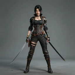 full body photo of a female dieselpunk rogue with a katana