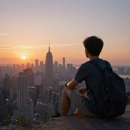 a boy sitting watching sunrise over a beautiful city, trending on artstation, 8 k, high resolution, insanely detailed and intricate, beautiful, matte painting, unreal engine