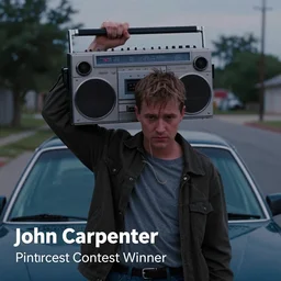 a man holding up a radio in front of a car, a screenshot by john carpenter, pinterest contest winner, american romanticism, synthwave, reimagined by industrial light and magic, vaporwave, sadpeople aesthetic, the boombox scene in say anything
