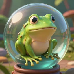 eye - level shot of a cute frog sitting on a giant glass sphere, concept art, by esao andrews, by m. w. kaluta, by pixar, volumetric light, rich colors, very humorous!!!, realistic reflections, smooth, depth perception, tilt shift, 4 k, unreal engine 5, artstation