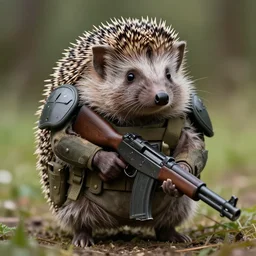 still image of a hedgehog wearing body armor, hedgehog soldier with a gun, the hedgehog is holding a rifle, photo