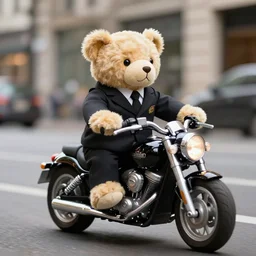 a teddy bear wearing a formal suit while driving a motorcycle at a city