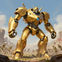 a giant golden robot, fighting an army of skeletons, highly detailed landscape, digital painting, artstation, concept art, smooth, sharp focus ilustration, Artstation HQ