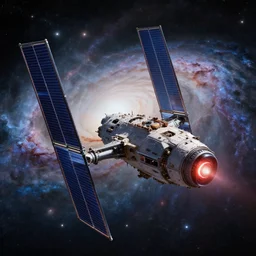 science spaceship with solar sails, ion engine, passing through m 8 3 galaxy, hyperrealistic, epic masterpiece, cinematic