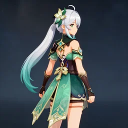 long white hair in ponytail, tall, green and gold clothed, flower, genshin impact style, anime, 3 d anime portrait
