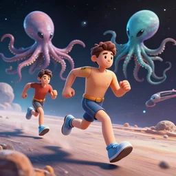 3 d cartoon human running a race in space against an alien octopus post - processing 8 k