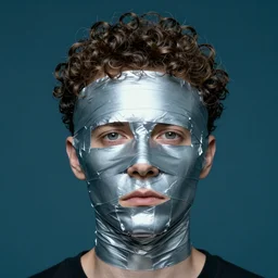 studio medium portrait of a human head completely wrapped in silver duct tape except for the curly hair sticking out. dark cyan backdrop. shot by darren aronofsky, 4 k