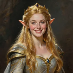 A bright, happy painting of an elven queen by Craig Mullins, beautiful, hyperrealistic, professional, dramatic lighting, extremely high detail, trending on artstation