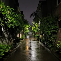Night photography of an empty rainy alleyway with foliage growing on the sides of the buildings