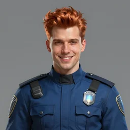 Portrait of a man by Greg Rutkowski, he is about 30 years old, mixture between russian and turkish, quiff copper hair, attractive, uncanny smile, he is wearing a futuristic blue police outfit, highly detailed portrait, scifi, digital painting, artstation, concept art, smooth, sharp foccus ilustration, Artstation HQ