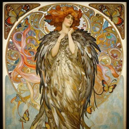 a beautifull intricate painting of a beatifull woman wearing a feathered cloak surrounded by ornate tendrils, butterflies, fractals, flying silk, vivid colors, hyper detailed, artstation, by jeremy mann, by alphonse mucha,