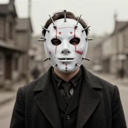 a 1920 photography of a man with a hellraiser mask in silent hill town