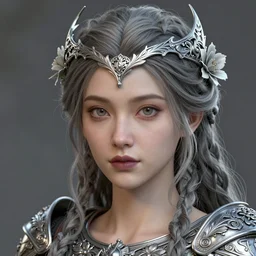 complex 3 d render, ultra detailed, realistic headshot portrait of a beautiful porcelain skin woman, face, wispy, wavy hair worn in viking braids, wearing filigree silver elven circlet, floral detail filigree breastplate suit of armor, detailed open eyes, round catchlights, flowers in hair, mauve lips, 5 0 mm lens, beautiful,