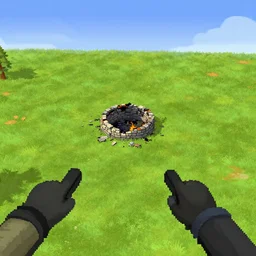 empty grass field with a burned down small circular stone cottage in the center, at midday, from a point and click 2 d graphic adventure game, art inspired by thomas kinkade, king's quest, sierra entertainment games