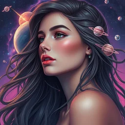beautiful, young woman, detailed gorgeous face, flowing hair, vaporwave aesthetic, synthwave, space, and planets in her hair with shooting star and milkyway, psychedelic, digital painting, artstation, concept art, smooth, sharp focus, illustration, art by artgerm and greg rutkowski and alphonse mucha