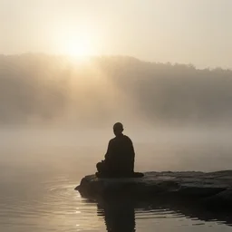 a lonely silhouette of a meditating monk sitting in the fog on a stone protruding from the water in the rays of the morning sun, in the style of isaac levitan, 8 k resolution,