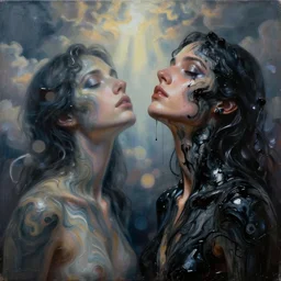two female bodies melting liquid acrylic painting abstract in glass and black latex fluid, balck paint, female face, woman body, hypperrealistic, bokeh, long exposure, close up portrait, fantasy concept art, epic light, clouds, god rays, heaven, art noveau, artistic sketch, dark mood, film still, swirly body painting