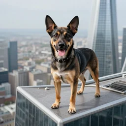british staff dog on top of skyscraper, photorealistic