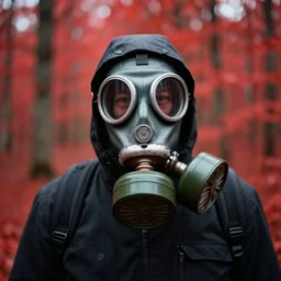 stalker wearing a gas mask, red forest, dslr photo, film grain