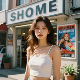 home photography portrait, the shop next to SHOME, street, signboards , poster ; summer, Color VHS picture quality with mixed noise